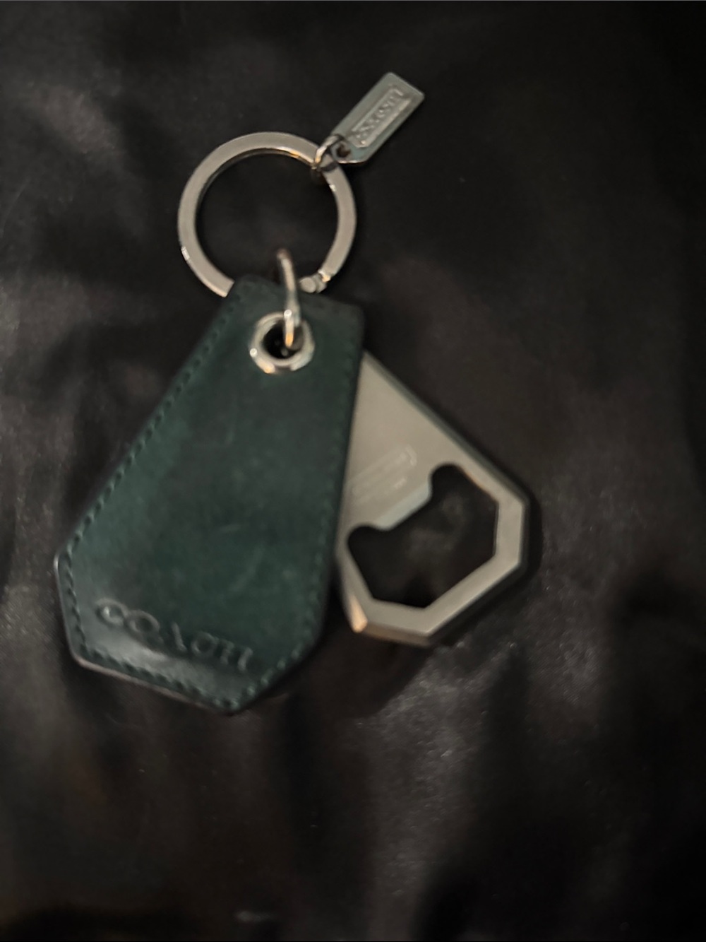 Coach Teal Leather Key Fob with Metal Bottle Opener